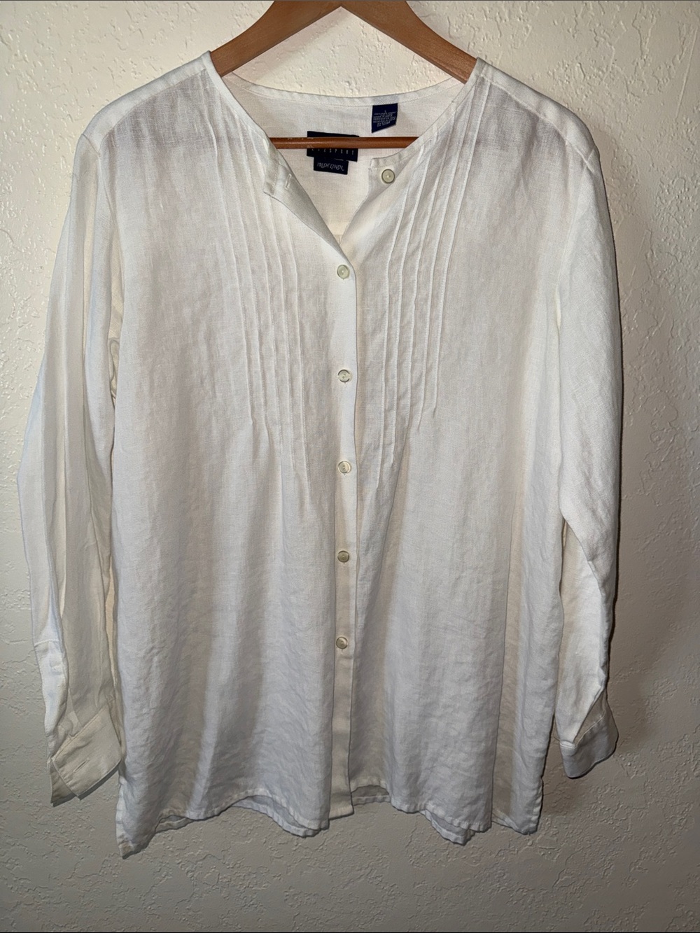 Vtg 90’s Liz Claiborne Irish Linen Tunic Pintuck Button-Up Banded Collar Ivory L